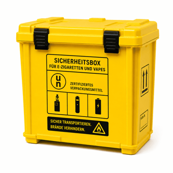 Gelbe Sicherheitsbox für E-Zigaretten vor weißem Hintergrund