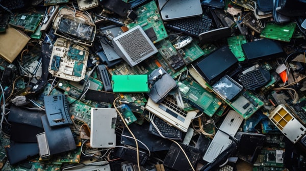 Eine Sammlung alter elektronischer Geräte wie Computer, Telefone und Tablets, die die Notwendigkeit des Recyclings von Elektronikschrott verdeutlicht.